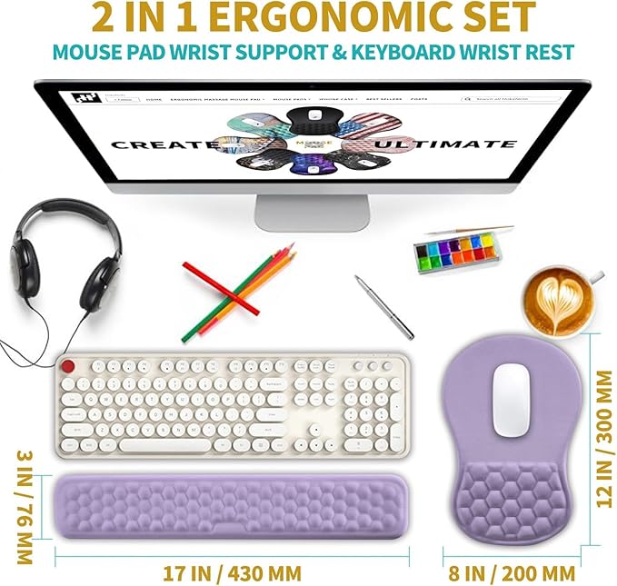 Hokafenle 2 in 1 Ergonomic Mouse Pad Wrist Support & Wrist Rest for Computer Keyboard Set, with Relieve Carpal Tunnel Pain Massage Bulge and Full Memory Gel Design (2In1 Set, Lavender)
