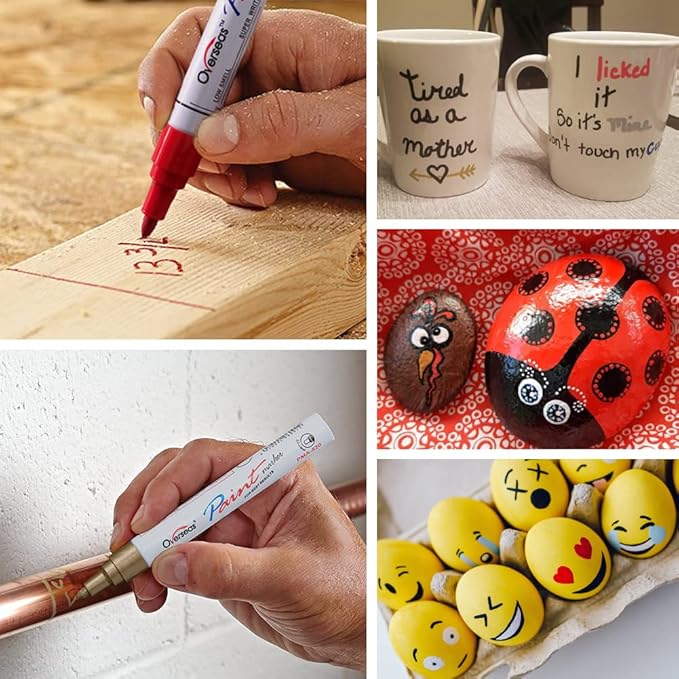 Overseas Permanent Paint Markers Pens - 3 Pack Red Oil Based Paint Pens, Medium Tip, Quick Drying and Waterproof Marker Pen for Metal, Rock, Wood, Fabric, Plastic, Canvas, Mugs, Stone, Glass