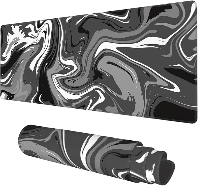Desk Mat, Abstract Black White Ink Liquid Waves Extended Gaming Mouse Pad Large, 31.5"x11.8" Big Mouse Pad with Non-Slip Base and Stitched Edge, Long Computer Keyboard Mouse Mat for Home Office Work