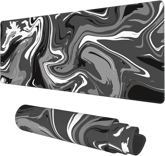 Desk Mat, Abstract Black White Ink Liquid Waves Extended Gaming Mouse Pad Large, 31.5"x11.8" Big Mouse Pad with Non-Slip Base and Stitched Edge, Long Computer Keyboard Mouse Mat for Home Office Work