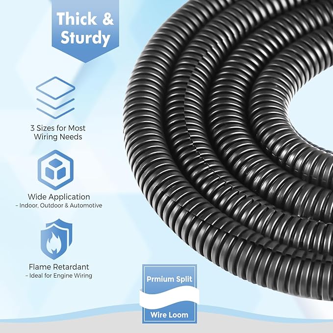 Automotive Wire Loom Flame Retardant Split Wire Loom Tubing Assortment Wiring Loom Kit Plastic Cover Electrical Covering Conduit Protective Wire Wrap Cable Sleeves Black 1/4", 1/2", 3/8" x 30 Ft