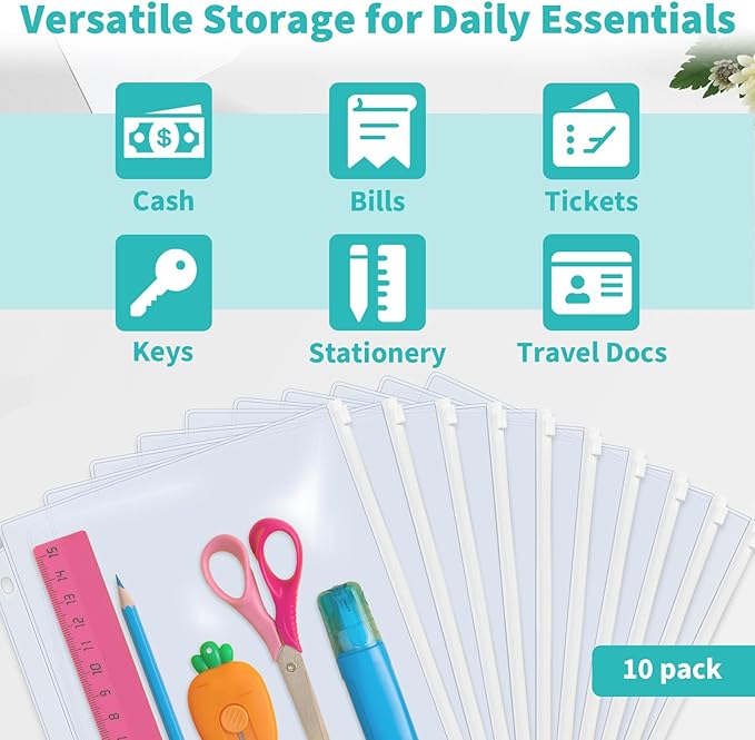 Binditek 10 Pack Plastic Zippered Binder Pockets, 3-Hole Punched for 3 Ring Binder, Clear PVC with White Zippers, Waterproof Loose Leaf Bag Pouch for Document Filing and Storage