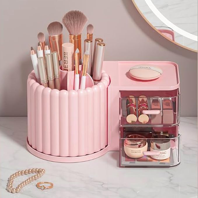Anyoifax 360 Rotating Makeup Brush Holder 7 Slots Makeup Organizer with Drawer Removable Spinning Cosmetic Storage Pen Holder for Vanity, Dresser, Desk, Pink