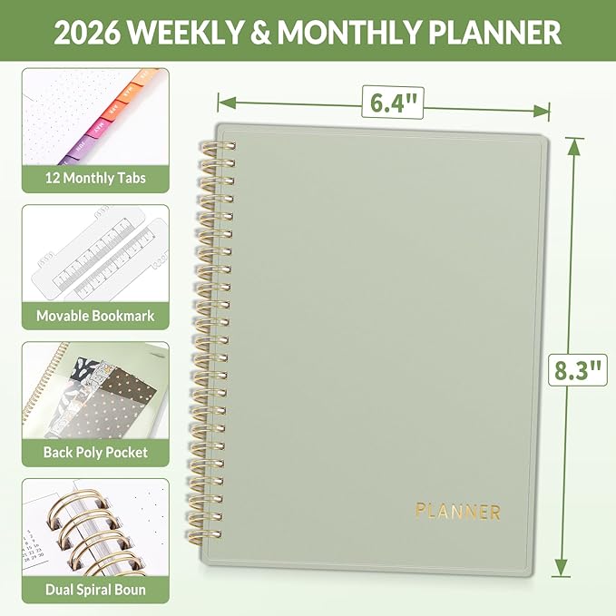 SUNEE 2026 Weekly and Monthly Planner - January 2026-December 2026, 6.4" x 8.3" Half Weekly Half Note, Daily Agenda Planner with PVC Waterproof Cover, Monthly Tab, Note, Pockets, Bookmark, Green