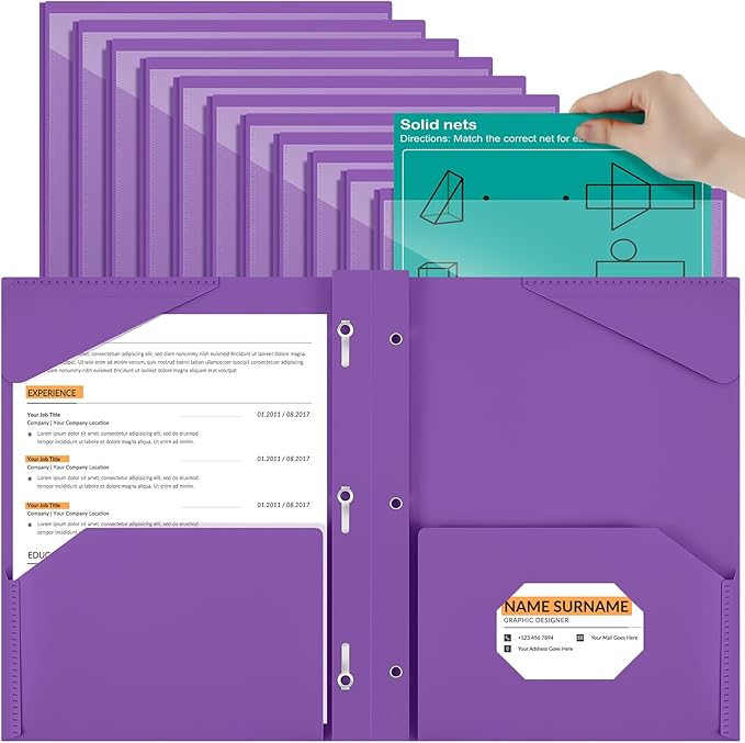 Henoyso 18 Pcs Plastic Folder with Clear Front Pocket and 3 Prong Plastic Folders with Card Slot Pocket Folders with Prongs for School Office (Purple)