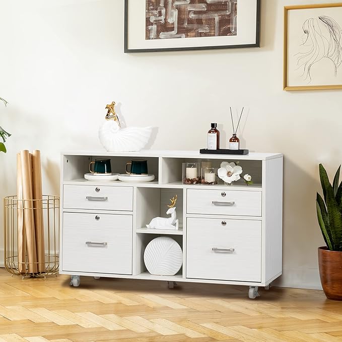 VINGLI Wood Mobile File Cabinet with 4 Drawers and Shelves, Printer Stand with Open Storage, Lockable Lateral Filing Cabinet for Home Office, Assembly Required, Light Beige Close to White