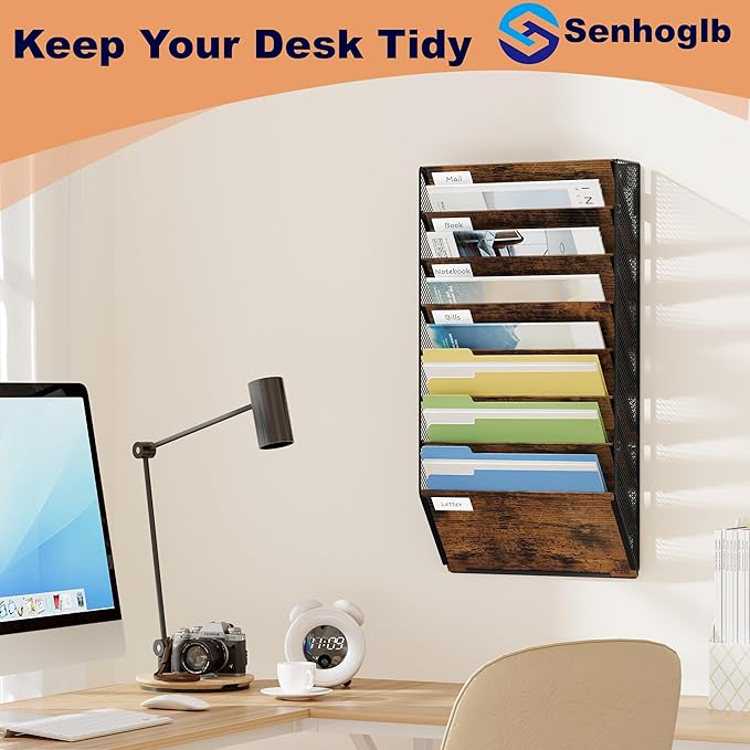 Metal Wall File Folder Organizer, 8-Tier Mesh Hanging Wall File Organizer, Magazine Rack With Pockets, Wood Document Holder for Office Home, Brown