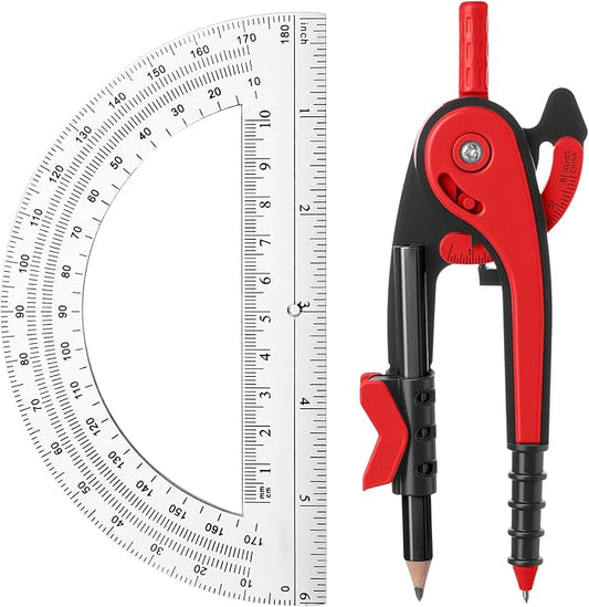 Eboot Red Student Geometry Math Set, Drawing Compass and 6 Inch Clear Swing Arm Protractors 180 Degree Math Protractor