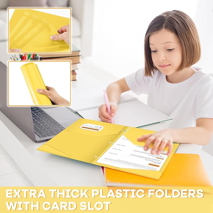 Henoyso 60 Pcs 2 Pocket Plastic Folders with Clear Front Pocket 3 Hole Punched File Folder Letter Size Take Home Documents Holder for Paper Holder Office Business Back to School Supply (Yellow)