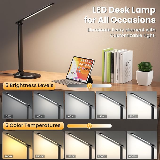 LED Desk Lamp with USB Charging Port, Stepless Dimmable Study Lamp with 5 Color Modes, Touch Control, Timer, Foldable Desk Lights for Home, Office, Bedroom