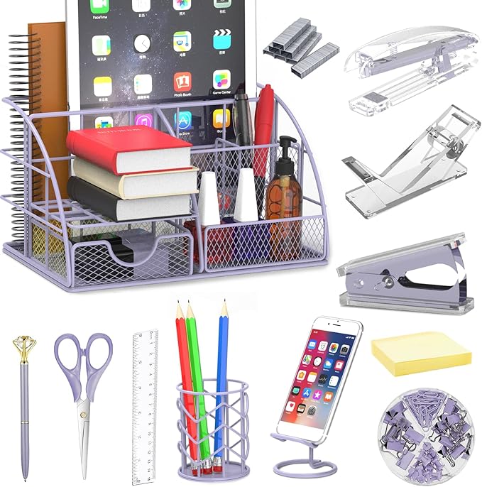 Purple Office Desk Organizers,Purple 13PCS Office Supplies and Accessories Desk organizer, Acrylic Stapler, Staple Remover, Clips, Scissor, Phone Holder, Pen, Pen Holder, Tape Dispenser