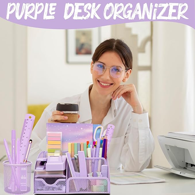 Purple Desk Accessories, 17Pcs Purple Office Supplies Set Include Mesh Desk Organizer, Stapler, Tape Dispenser, Staple Remover, Pen Holder, Clips, Pens, Ruler, for Office Home School Women