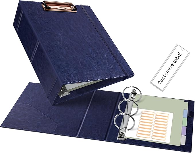 Ospelelf 2 Inch Mini Binder 3 Ring, Vintage Leather Clipboard Binders Dividers with Tabs 5.5" x 8.5", Professional Binder Organizer, Navyblue
