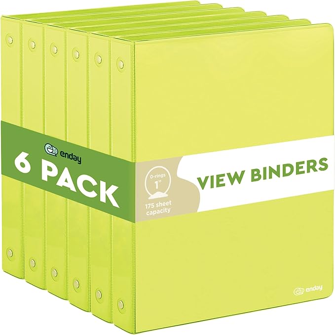 3 Ring Binder Green, 1 Inch, 1” Clear View Cover with 2 Inside Pockets Round Ring Binder, Colored School Supplies Binders, Also Available in Pink, Blue, Purple, Grey, and Red (6 PC) – by Enday