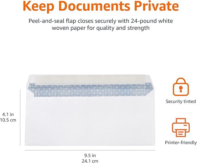 Amazon Basics 10 Security-Tinted Self-Seal Business Letter Envelopes, Peel & Seal Adhesive Closure, White, 500-Pack