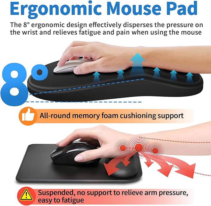 YIWEI Ergonomic Mouse Pad with Wrist Rest Support, Mousepad with Comfortable Memory Foam Wrist Rest and Non-Slip PU Base for Pain Relief, Computer, Laptop, Office, Home (Black)