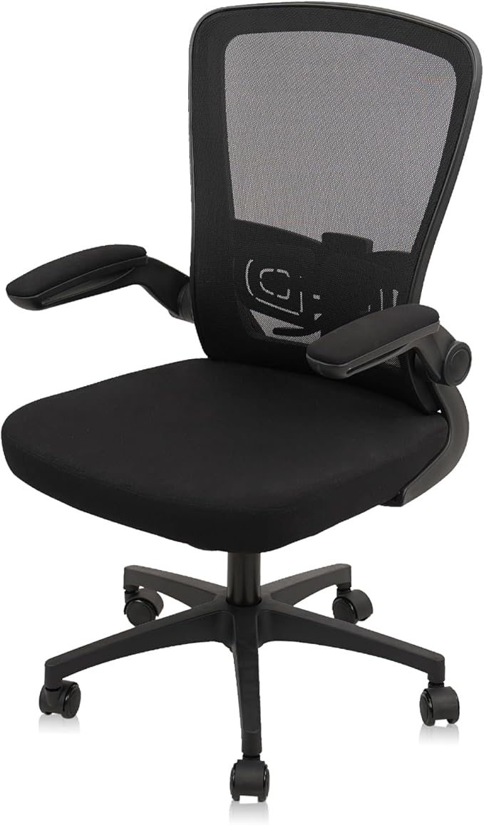 Office Desk Chairs with Wheels, Ergonomic Mesh Chair with Adjustable Height Lumbar Support, Rolling Swivel Computer Task Chair with Flip Up Armrests for Home, Study, Conference, Black