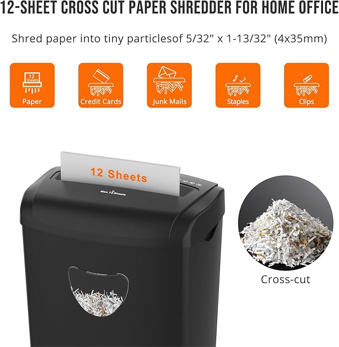 12-Sheet Cross-Cut Shredder (P-4 Security),Destroy Credit Cards/Staples,5.5 Gal Bin,70dB Quiet，Auto/Reverse Modes for Office & Home(ETL Certified)
