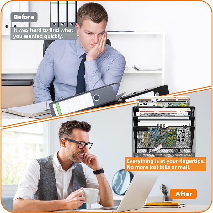 4 Tier Magnetic File Holder, Large Capacity Mesh Hanging Wall Organizer Vertical Magnetic Hanging File Organizer, Magnetic File Folder Holder for File Cabinets, Office, Whiteboard (Black)