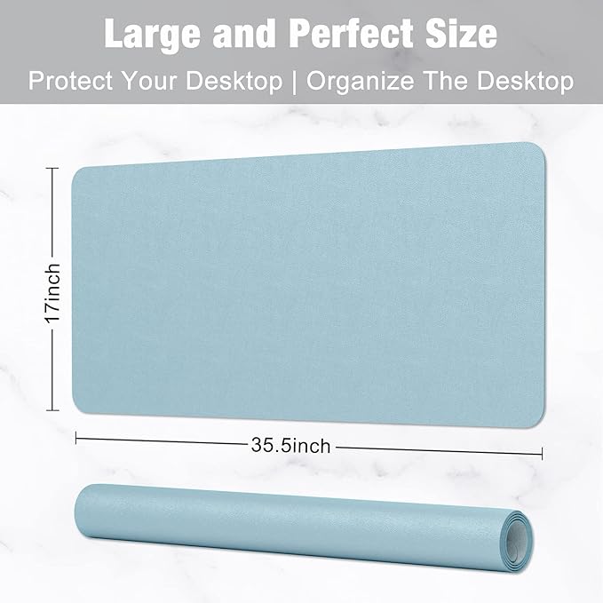 Hsurbtra Desk Pad, 35.5" x 17" PU Leather Desk Mat, XXL Extended Mouse Pad, Waterproof Desktop Blotter Protector, Non-Slip Ultra Thin Large Laptop Keyboard Writing Mat for Office Home, Lake Blue