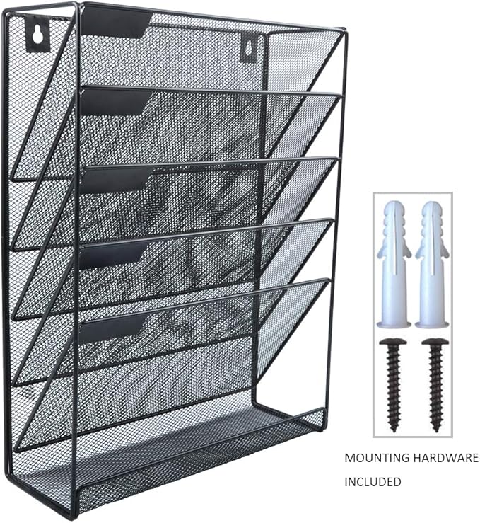 EASEPRES Hanging File Holder Organizer, 6 Tier Mesh Metal Wall Mount Document Letter Tray Organizer for Office Home, Black