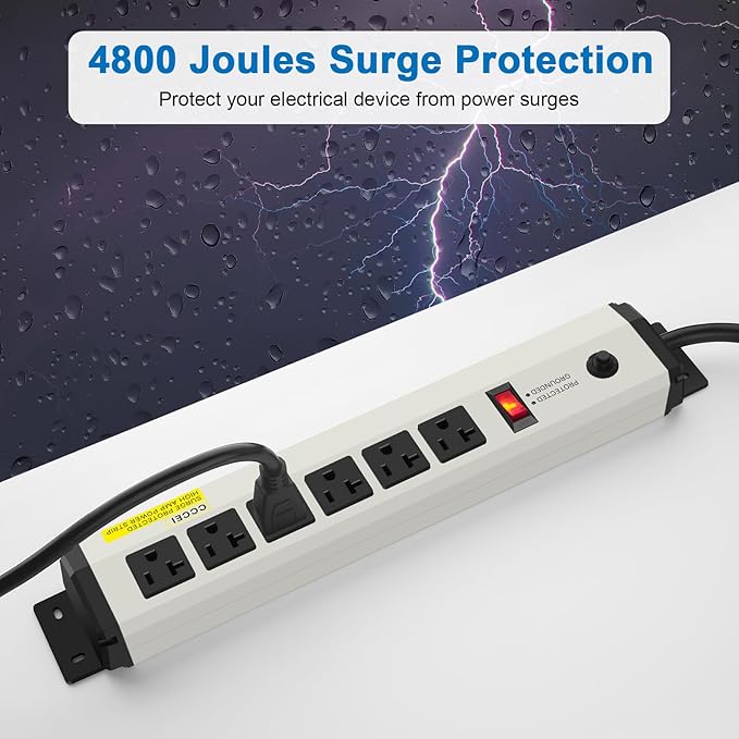 CCCEI 12 Gauge Heavy Duty Power Strip Surge Protector 4800J, 20 Amp 6 Plug Industrial Shop Garage Metal Multiple Outlets, 20 FT Extension Cord 5-15P Adapter High Amp 6-20R T-Slot 20a for Appliance.