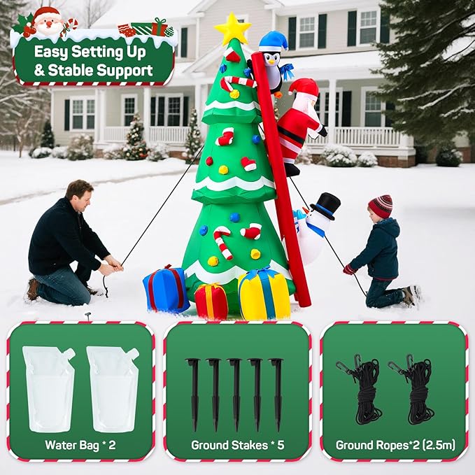 8FT Christmas Inflatable Decorations, Santa Climbing Ladder to Christmas Tree, Outdoor Christmas Blow up Yard Decor with LED Lights Star Treetop for Holiday Party Garden Patio Display Hall Lawn