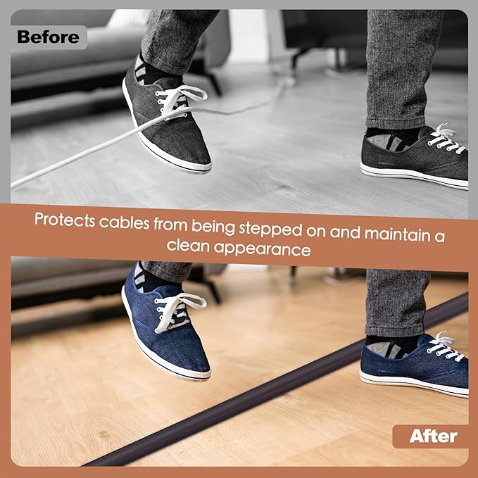 Floor Cord Cover for Wires on Floor Self Adhesive Cord Hider Floor Cable Management Wire Covers for Cords Protector Prevent Cable Trips Cord Cavity W 0.51" x H 0.31", Black Walnut, 10Ft