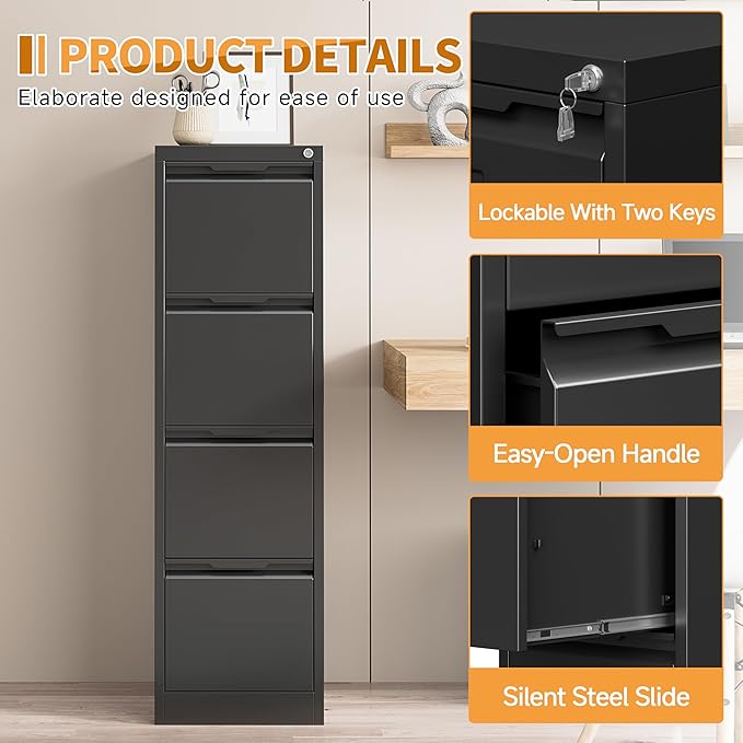 4-Drawer Metal File Cabinet with Lock,Steel Printer Stand with Storage for Home Office,Vertical Filing Cabinet for Legal/Letter/A4 Files,Assembly Required(15''W-4 Drawers,Black)