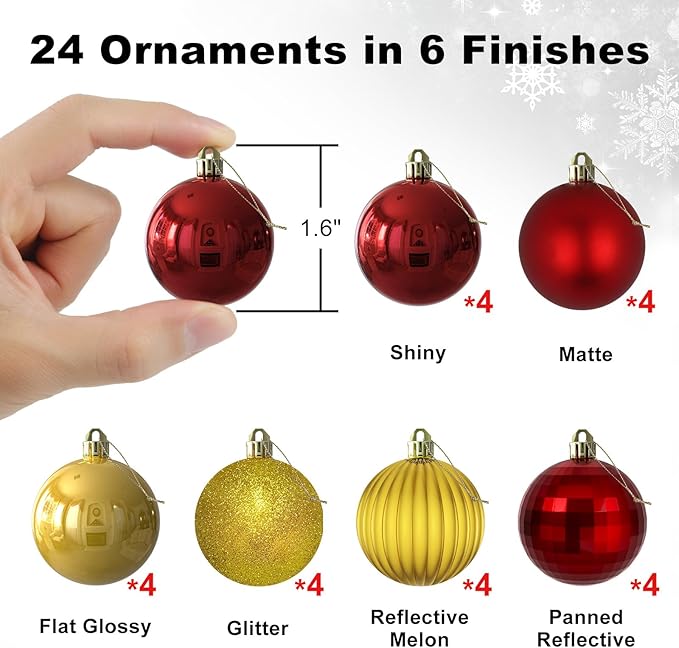 Red & Gold 1.6" Small Christmas Balls Christmas Tree Decoration Ornaments Shatterproof Hanging Balls for Birthday Halloween Holiday Wedding Decorations Set of 24pcs