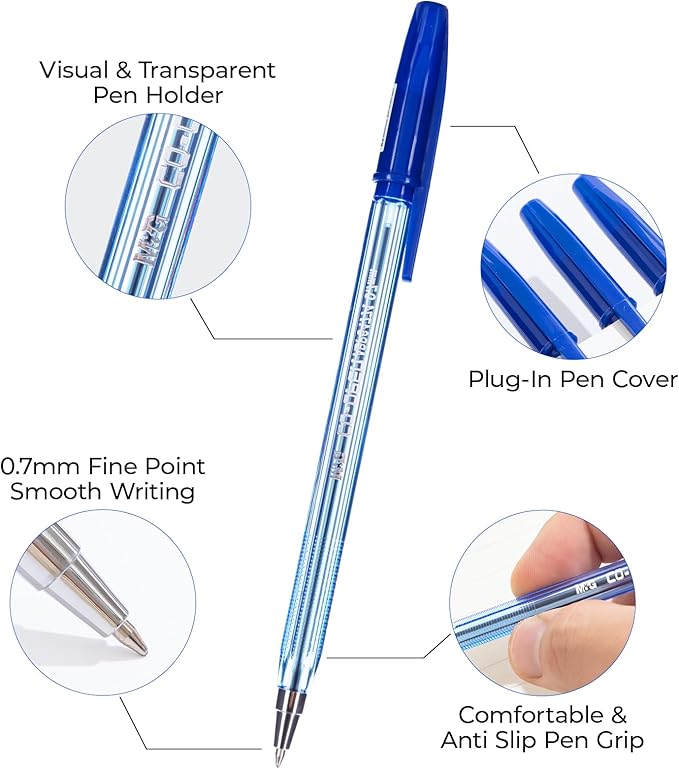 M&G Ballpoint Pens, Blue Ink Ballpoint Pens Fine Point 0.7mm, Ball Point Pens Bulk Smooth Writing with Anti-Slip Grip & Plug-In Cover for Journaling Office Supplies School Women Men (40 Pack)
