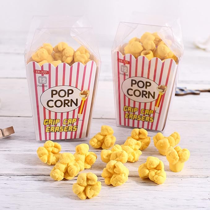Pencil Top Erasers 36 Pack Popcorn Pencil Erasers Toppers Cap Erasers for Kids Cute Fun Novelty Food Erasers for Student School Supplies Prize Gifts Party Favors
