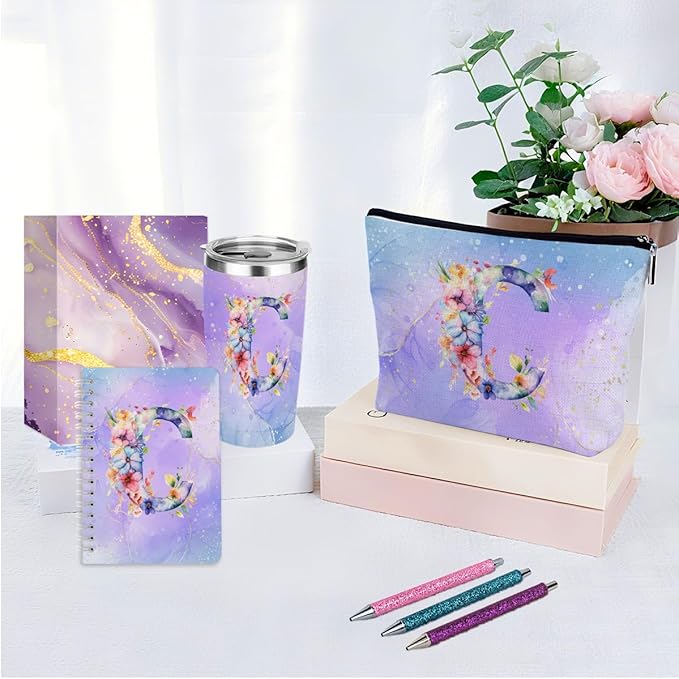 Personalized Gifts Monogrammed Birthday Gifts for Women, Cowerker Wife Sister Wedding Christmas Initial 20 oz Tumbler, Makeup Bag Cup Ballpoint Pens Journal Notebook 6 Set, (Aesthetic Purple Flower C)