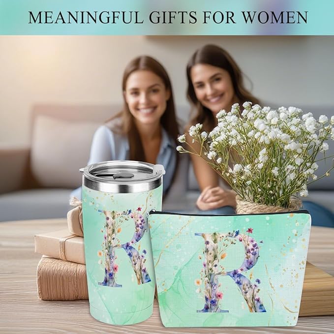 Personalized Gifts Monogrammed Birthday Gifts for Women, New Mom, Grandma Thank You Christmas, Initial 20 oz Tumbler, Makeup Cosmetic Bag Cup Pens Journal Notebook 6 Set, (Aesthetic Green Flower R)
