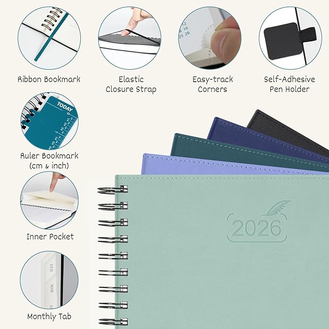 BEZEND Appointment Book 2026 Daily Planner, Quarter-Hourly in 4 Columns (Large-8.25" x 11.75") Page per Day Even Weekend, Monthly View with Tab & Weekly Schedule, PU Leather Softcover in Dark Green