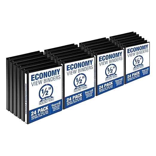 Samsill 0.5 Inch 3 Ring Binders, Made in USA, Economy Round Ring, Clear View Cover, 100 Sheet Capacity - for School, Home, Office - Black, 24 Pack