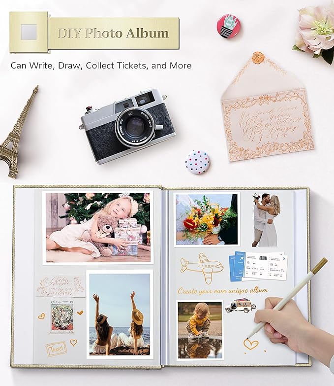 Photo Album Self Adhesive Scrapbook Album for 3x5 4x6 5x7 8x10 Pictures,60 Pages Linen Cover with Display Window DIY Photo Book,Ideal Gifts for Family Travel Wedding Baby
