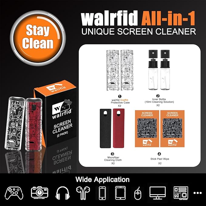 walrfid 2 Pack Car Screen Cleaner, Computer Screen Cleaner Spray and Wipe, Laptop Cleaning Mist Kit for Electronic iPad, iPhone, Phone, MacBook, TV, Car Monitor Display, with Graffiti Case, Black Red