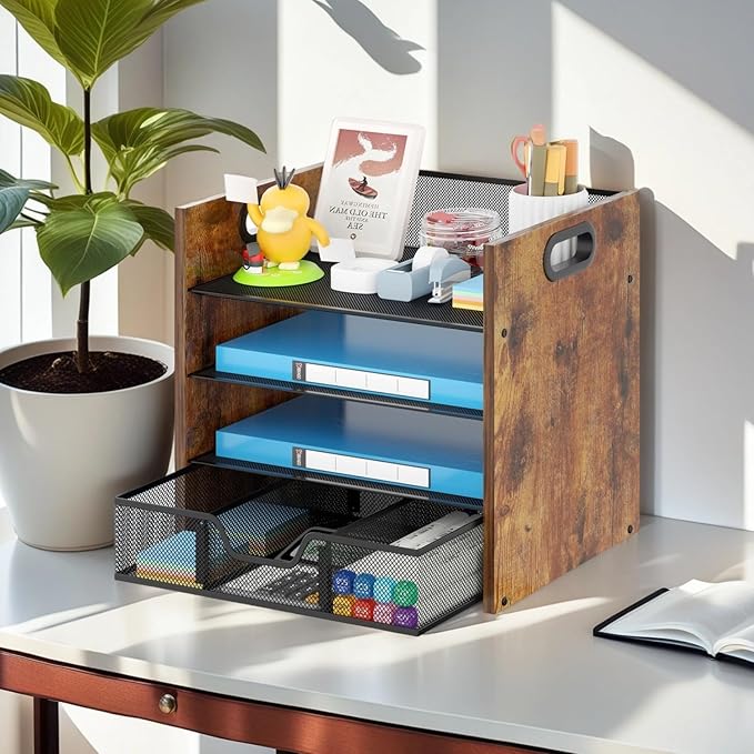 Wood Desk Organizer - 4-Tier Desktop File Organizer with Drawer, Wooden Paper Tray, Office Desk Organizer for Papers, Mail, Notebooks, Stationery