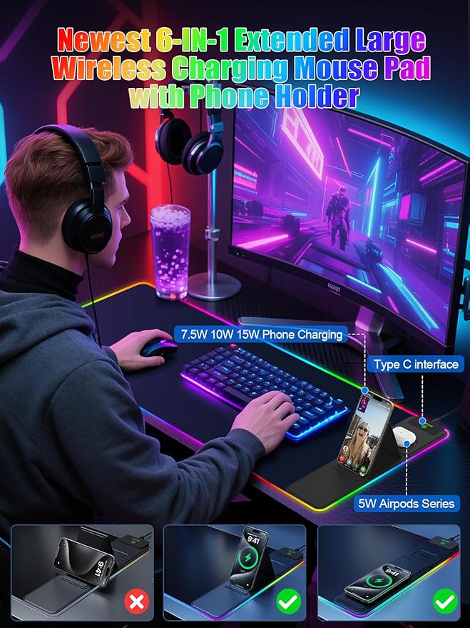 Mouse Pad with Foldable Phone Holder & Wireless Charger, XXL RGB Gaming Mousepad 31.5"x15.8" Large Desk Mat for Keyboard, Black Desk Pad with Dual Qi Charging Station | 11 Colors 5 Modes | Waterproof