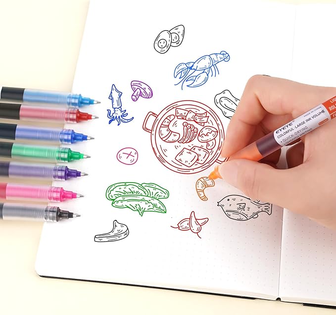 EYEYE 0.7mm Rollerball Pens Multicolor, 8 Assorted Colors Medium Point Quick Dry Liquid Ink Pen Fine Point Smooth Writing Pens for Journaling, Note Taking, Office, School, Doodling & Gifts