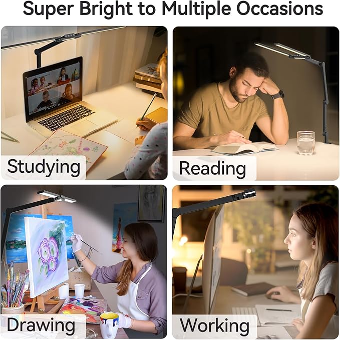 LED Architect Desk Lamp with Clamp - 24W Ultra Bright Adjustable Swing Arm Light for Home Office, 3000 Lumen Auto Dimming Computer Lamp with Stepless Touch Control, Rotatable for Video Calls, Drafting
