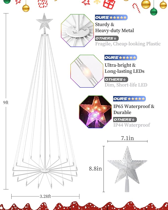 Brightever 9FT 460 LED Smart Cone Christmas Tree, Outdoor Prelit Christmas Tree with 16 Million DIY RGB LED Light Show, Remote APP Control Color Changing Music Sync for Xmas Outdoor Decorations