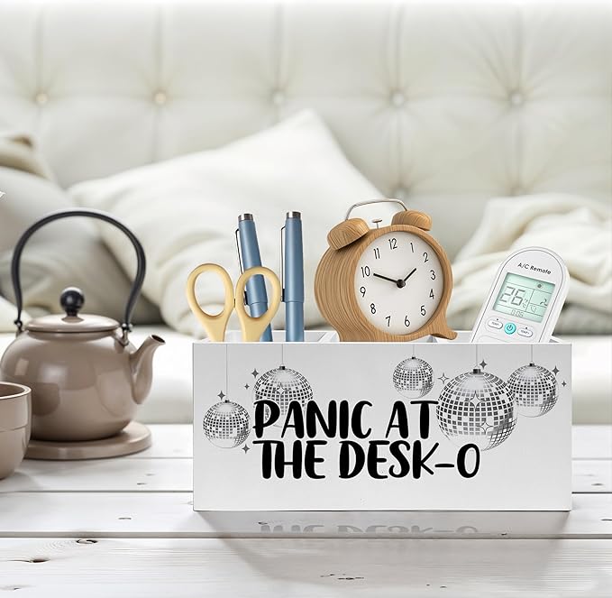Funny Trendy Disco Ball Pencil Pen Holder for Desks, Panic at the Desk-O Mental Health Wooden Pencil Holder Organizer for Home Office Desk Accessories, Office Humor Gifts for Women