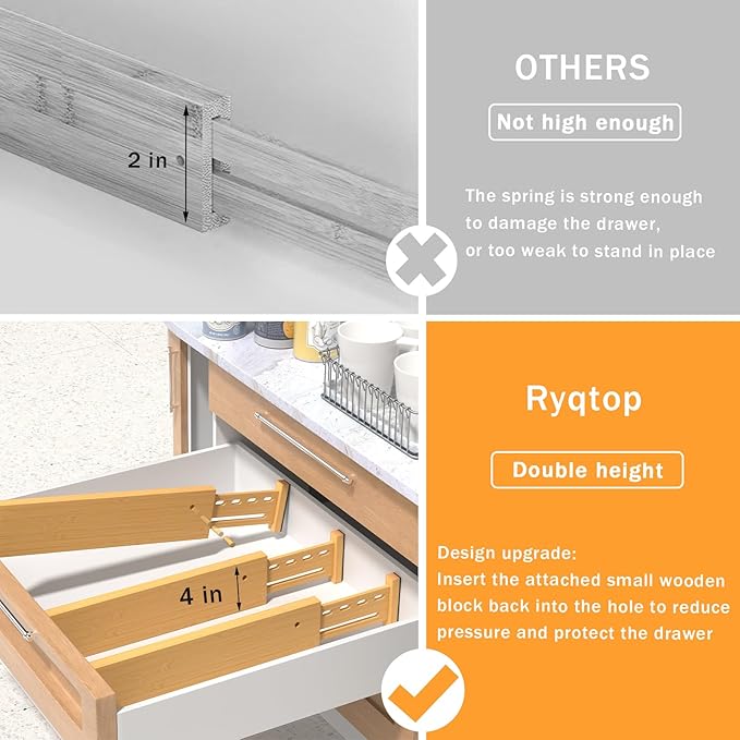 Bamboo Drawer Dividers 4" High, 12.8-18" Adjustable Drawer Organizers for Clothes,Expandable Dresser Separators in Bedroom/Kitchen/Bathroom/Office Organization and Storage,4 Pack