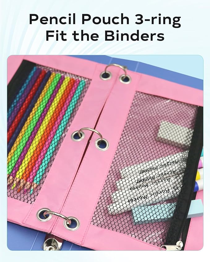 Pink Pencil Pouch for 3 Ring Binder - Zipper Pencil Case Bag Holder Bulk Accessories, Small Clear Window Aesthetic Organizer Pockets 3 Hole School Essentials