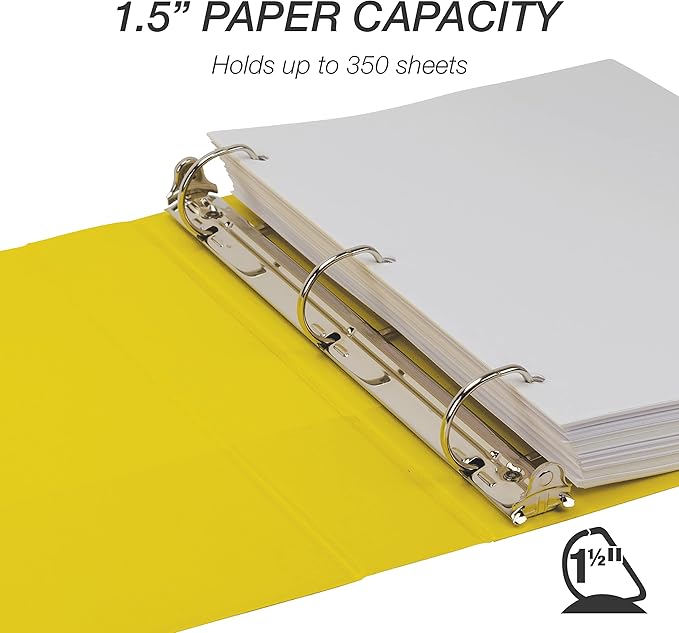 Samsill Durable 1.5 inch 3 Ring Binder, Made in USA, D Ring Binder, FSC 100% Recycled Chipboard, Yellow, 4 Pack