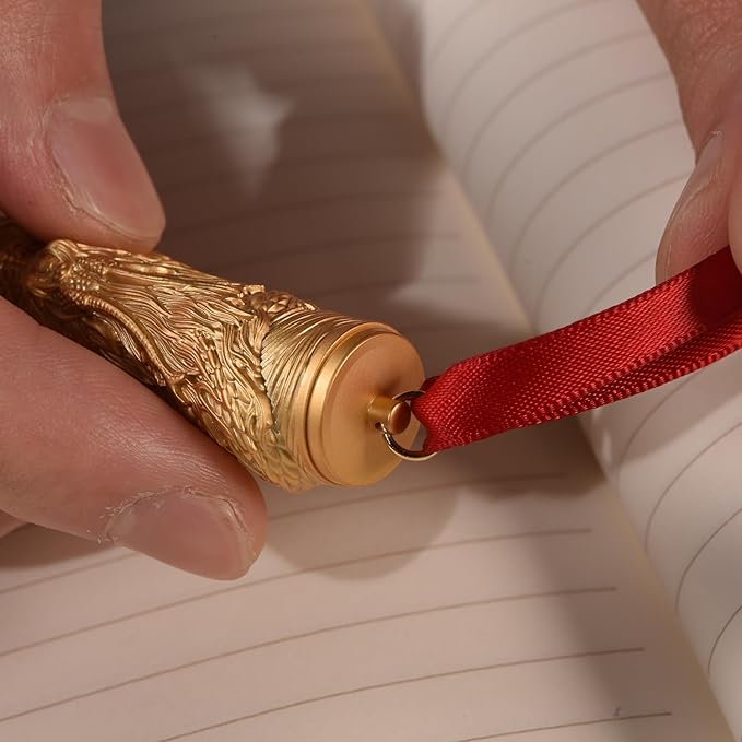 Hongdian A24 Fountain Pen Fine Nib, Bright Red & Golden Dragon Stereoscopic Carving Cap Design