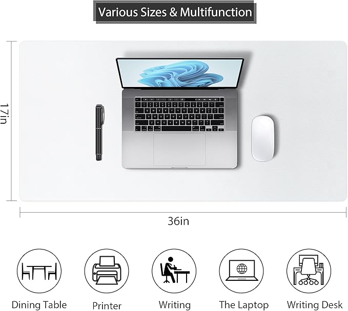 Desk Pad Protector Mouse Pad, Non-Slip Computer Mat for Desk, PU Leather Office Desk Mat, Waterproof Desk Pad for Keyboard and Mouse, Laptop Desk Blotter Pad for Home and Office, White (17''X36'')