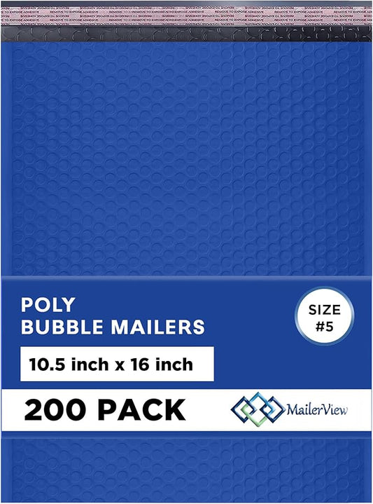 Royal Blue 10.5x16 Inch Large Poly Bubble Mailers #5 | Padded Envelopes with Self Seal | Air Lined Cushioned Bubble Mailer | Usable Size 10.5x15 | 200 Pack Bulk | Lightweight shipping Bags
